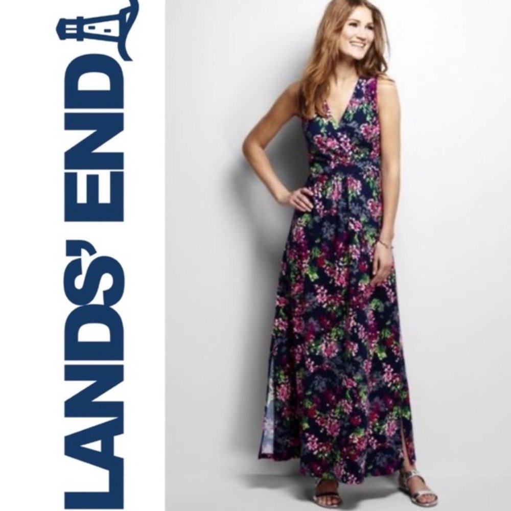 EUC Lands' End Navy Floral Sleeveless V-Neck Side Slit Maxi Dress - Size XL